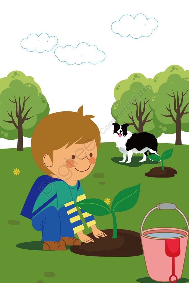 a little boy kneeling down in the grass next to a potted plant and a dog