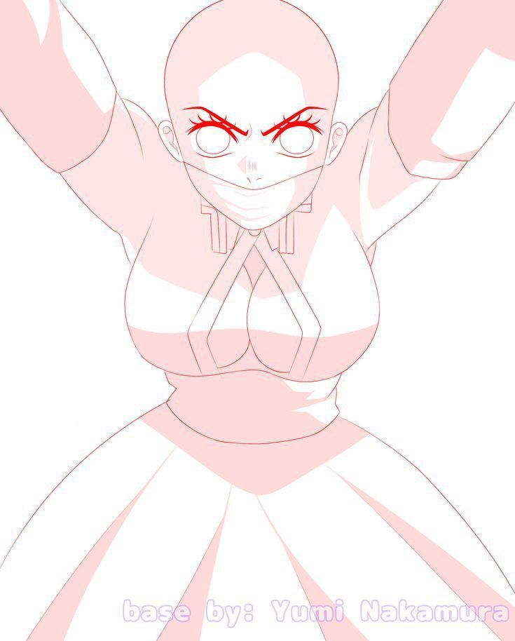 a drawing of a woman with red eyes and a pink dress, holding her arms in the air