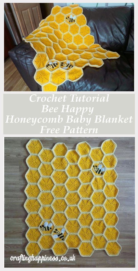 crocheted honeycomb baby blanket with bees on it and the words, crochet