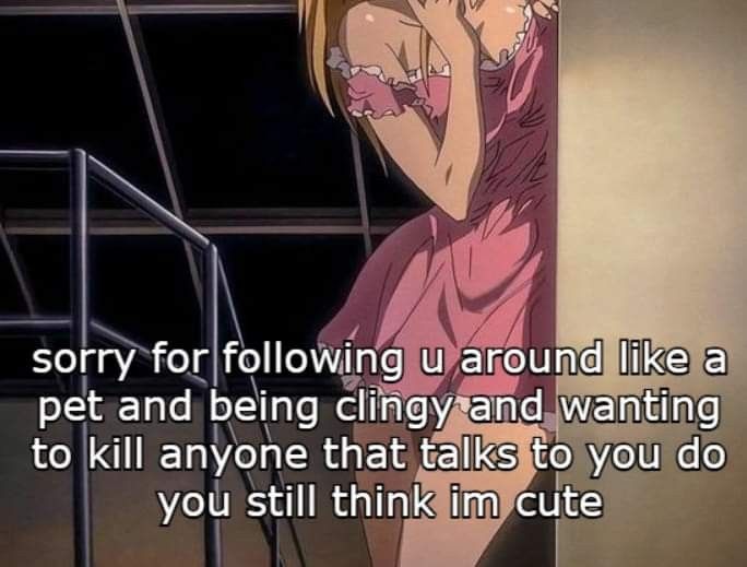 a woman in a pink dress standing next to a stair case with the caption, sorry for following u around like a pet and being cirgy and waiting to kill anyone that talks to you