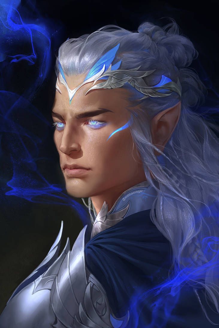 a digital painting of a woman with white hair and blue eyes, wearing silver armor