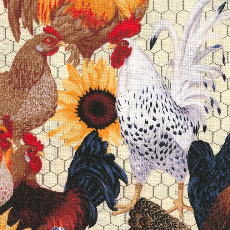 chickens, roosters and sunflowers are depicted in this fabric designed to look like hexagonal tiles