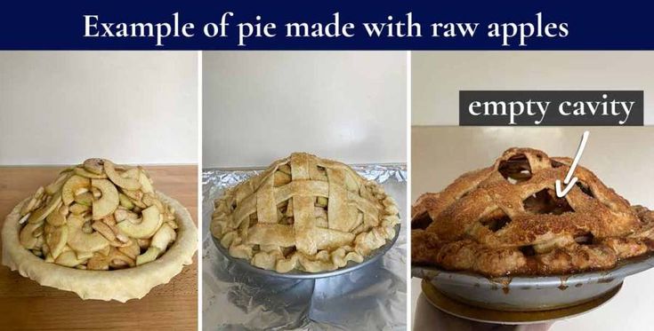 three pictures showing different types of pies and how they are made with raw apples