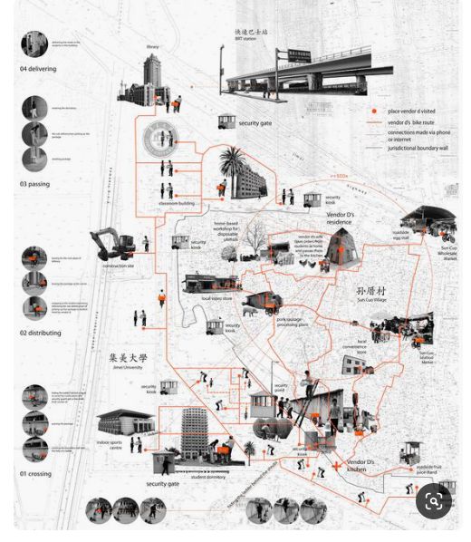 an illustrated map with people and buildings in black and white, as well as orange lines