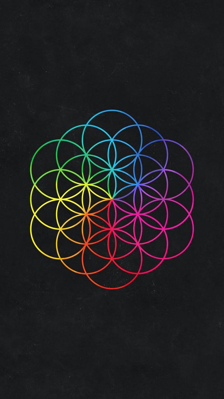 the flower of life symbol is shown in rainbow colors on a black background with an overlay