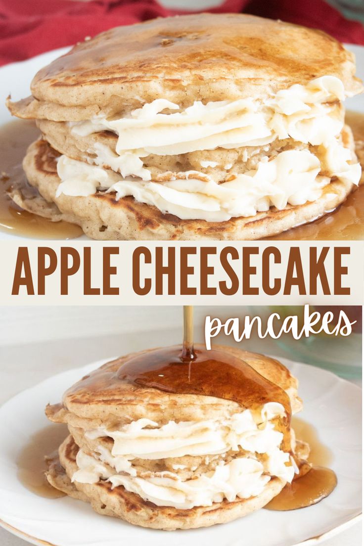 pancakes with whipped cream on top and syrup being drizzled over them