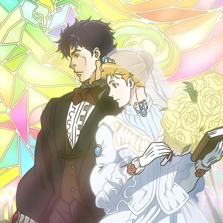 an anime scene with two people dressed in formal clothing