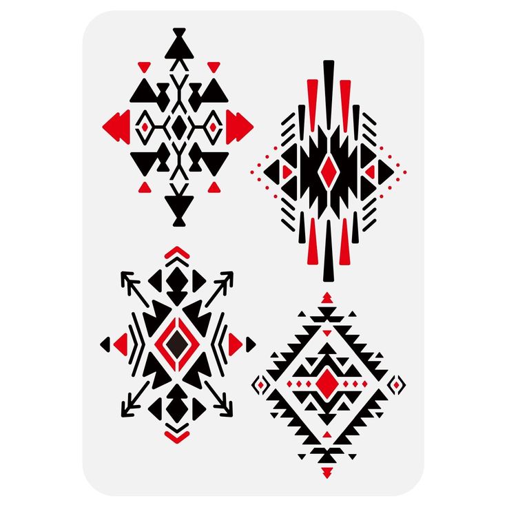 four different geometric designs in black and red on a white square background, each with an individual's own design