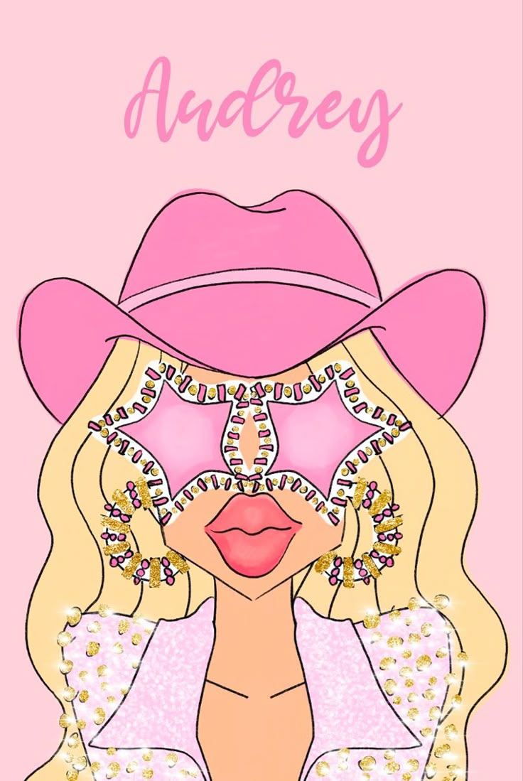 a drawing of a woman wearing a pink hat and glasses with the words audrey on it