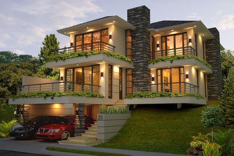 two cars are parked in front of a house with plants growing on the balconies