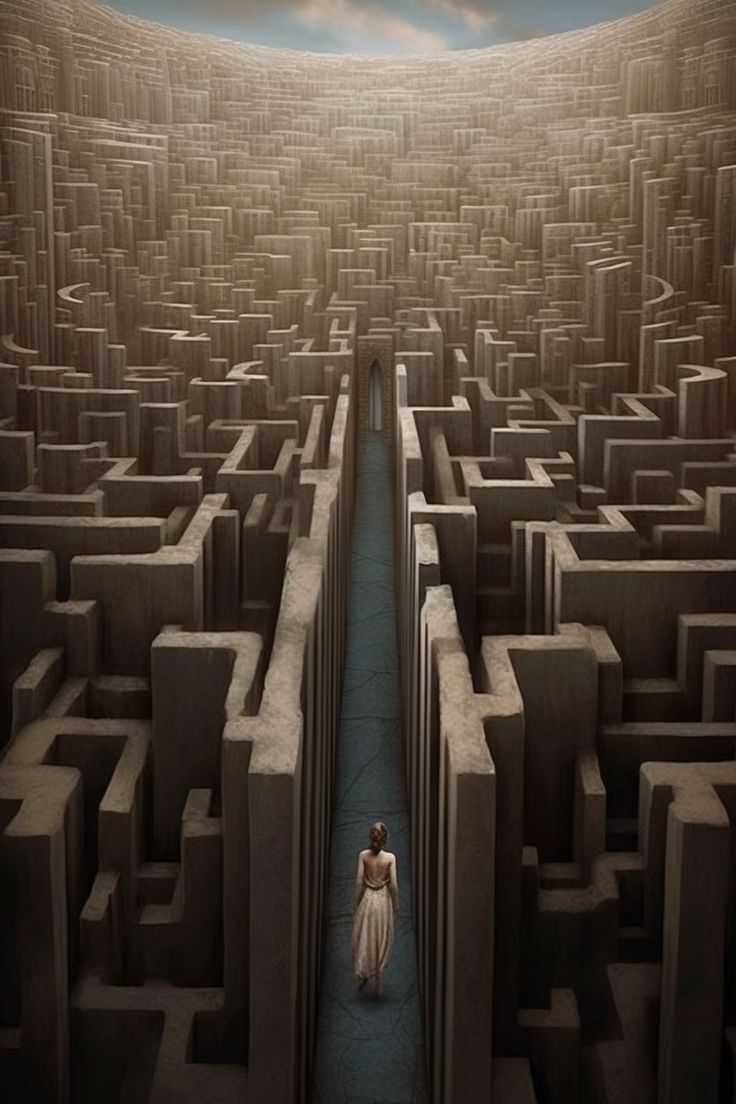 a woman is standing in the middle of a maze that looks like she has lost her head