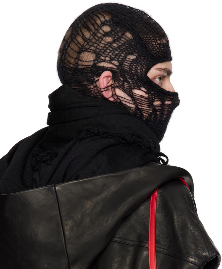 Brushed open knit nylon- and mohair-blend balaclava in black. Rib knit trim at face and collar. Face masks and face coverings are final sale and are not eligible for return or exchange. Supplier color: Black Skull Balaclava, Hex Girls, Rick Owens Men, Black Skull, Black Skulls, Face Coverings, Open Knit, Black Rib, Leather Chain