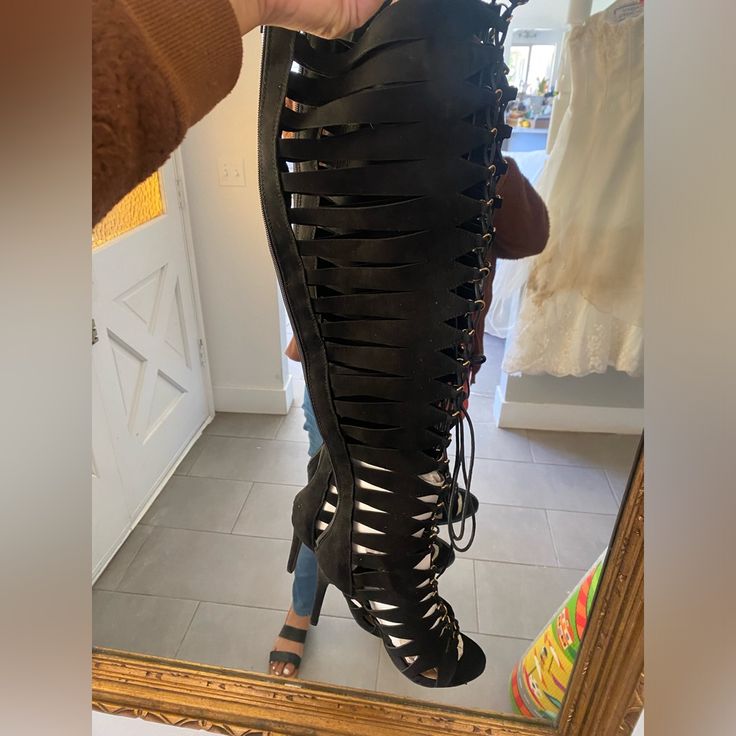 Anne Michelle Caged Lace-Up Knee High Boots Edgy Lace-up Heels For Summer, Edgy Lace-up Heels For Spring, Edgy Lace-up Summer Heels, Black Knee High Boots, Black Knees, Lace Up Boots, High Boots, Knee High Boots, Shoe Laces