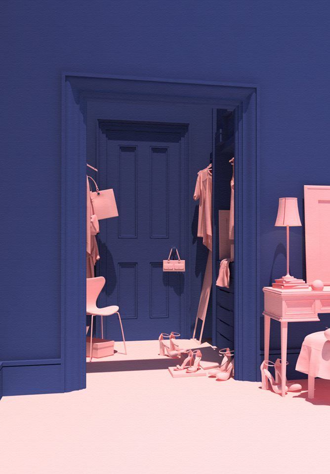 an open door leading to a bedroom with blue walls and pink furniture on the floor