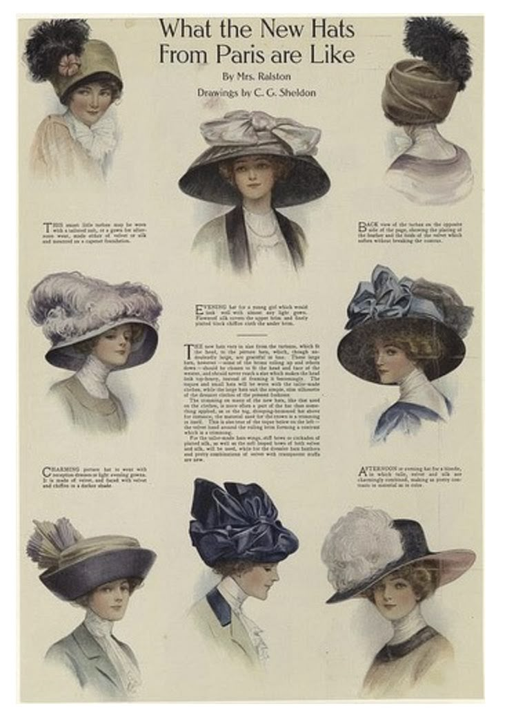 This shows women's hats from the 20th century, many of which are large and exquisite. Large brimmed hats along with large feathers and bows accenting it were very popular during the mid 20th century. They were used to accessorize every outfit. Edwardian Hats, Evening Hat, Gaun Abad Pertengahan, Edwardian Hat, Historical Hats, 1910s Fashion, Victorian Hats, 20th Century Fashion, Edwardian Dress