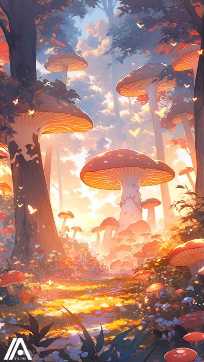 a painting of mushrooms in the forest at sunset with clouds and sunbeams above them