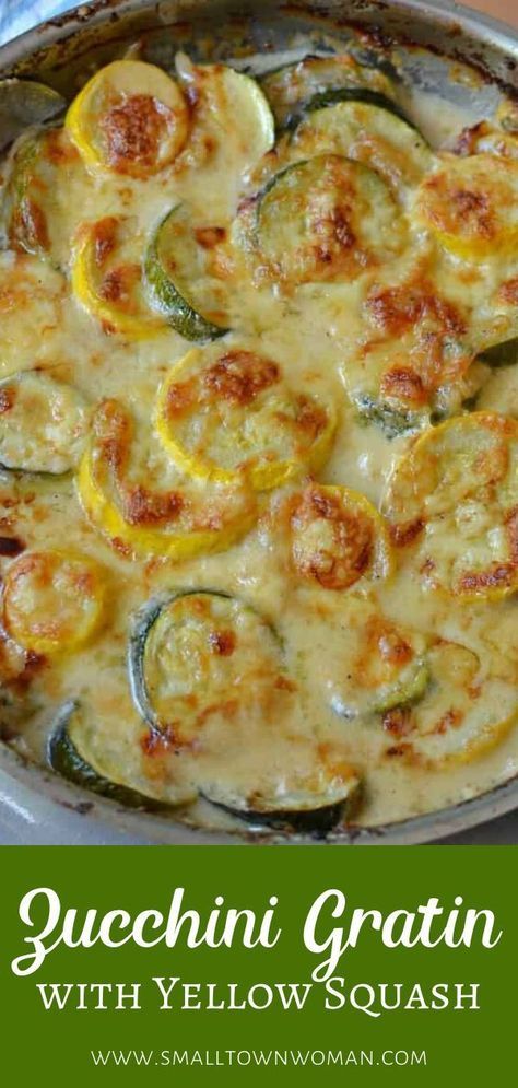 a casserole dish with zucchini and yellow squash in a white sauce