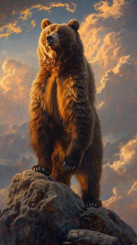 a painting of a brown bear standing on top of a rock in front of some clouds