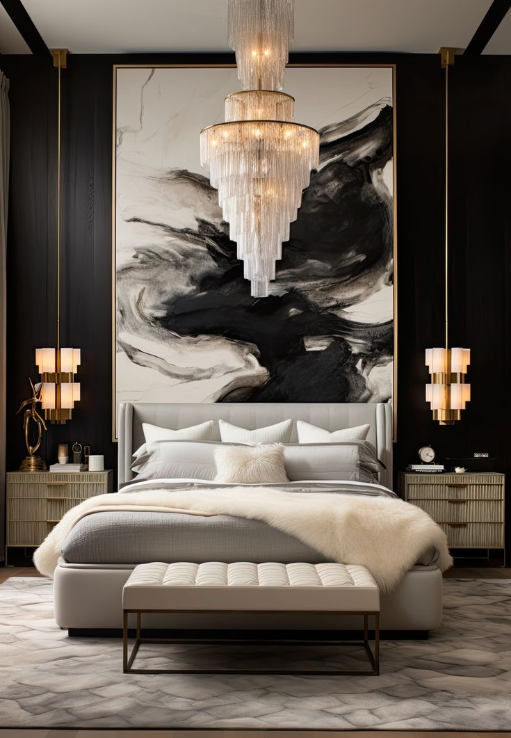 a modern bedroom with black and white art on the wall, chandelier and bed