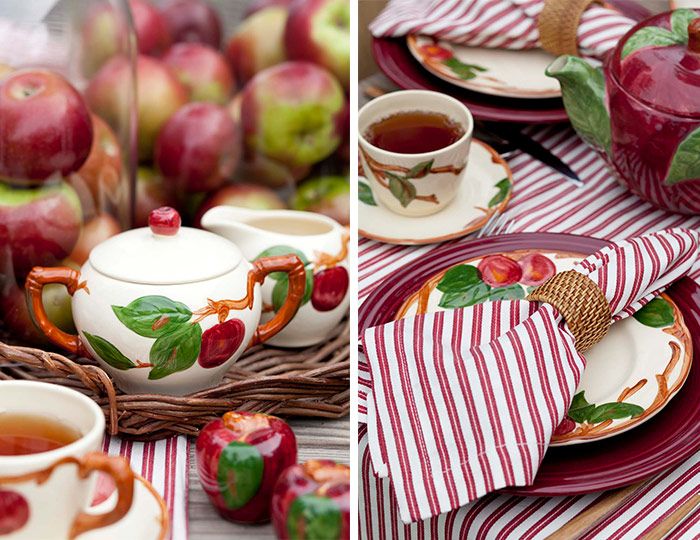 there are two pictures with apples on them and one has a tea pot in the middle