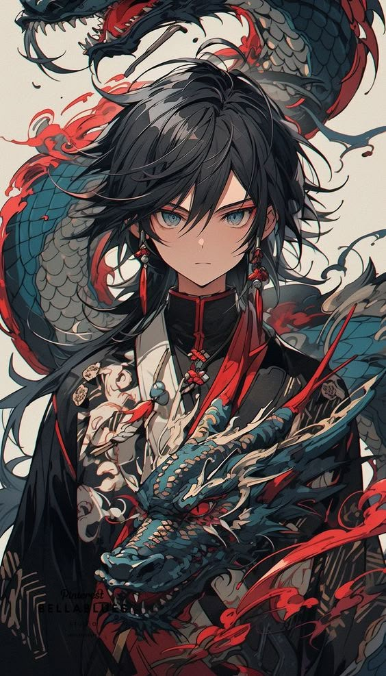 an anime character with black hair and red eyes, holding a dragon on his shoulder