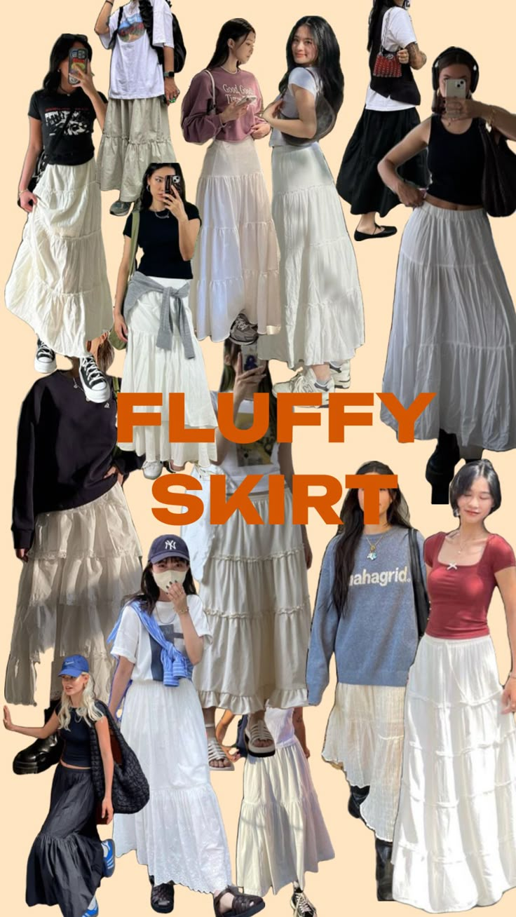 #meuprimeiroshuffle #myfirstshuffle #skirtsoutfits #skirtsinspo #skirtideas Modest Girly Outfits, Japan Outfits, White Skirt Outfits, Pretty Skirt, Fluffy Skirt, Estilo Indie, Japan Outfit, Pretty Skirts, Skirts And Dresses