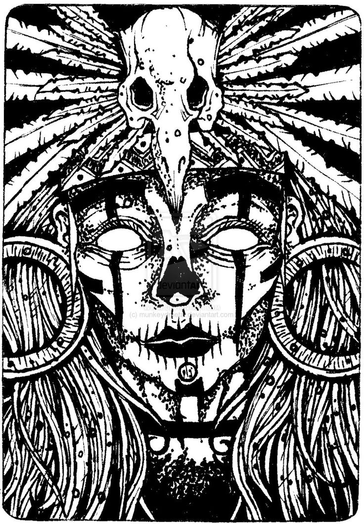 a black and white drawing of a woman's face with an intricate headdress