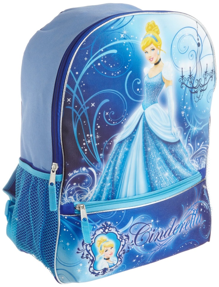 a blue backpack with a princess on it