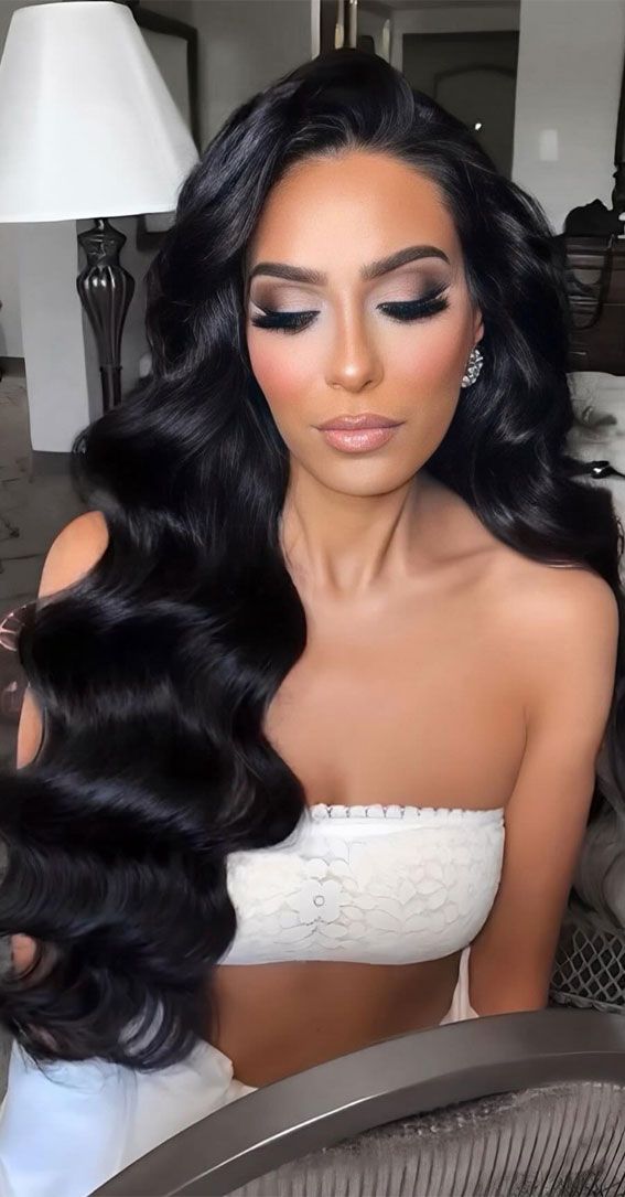 Hair And Makeup Wedding Guest, Spooky Wedding Makeup, Dramatic Hairstyles Long Hair, Bridal Shower Hair And Makeup, Women Hairstyles 2024, Wedding Hairstyles Middle Part, Prom Makeup Glam, Glam Waves Wedding Hair, Wedding Glam Makeup