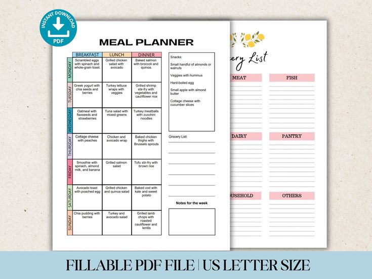 the meal planner printable is shown on top of a white background with pink and blue accents