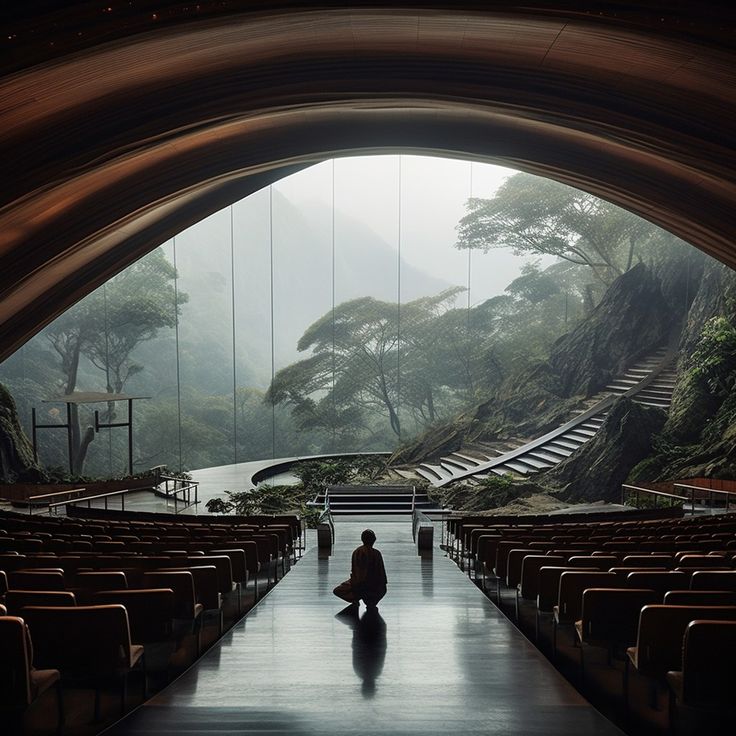 a man sitting on the floor in front of an empty auditorium with mountains behind him