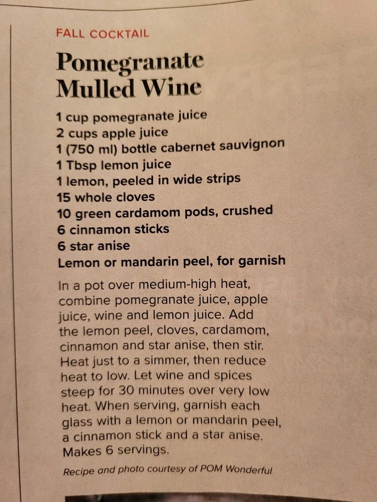 the recipe for pomegranate mulled wine is displayed on a newspaper page