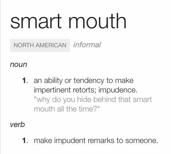 the words smart mouth are written in black and white, along with an image of a woman's face