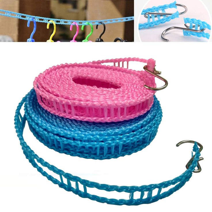 three different colors of rope with hooks on each side and one is blue, the other pink