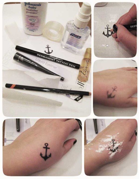 the process of painting an anchor tattoo on someone's arm