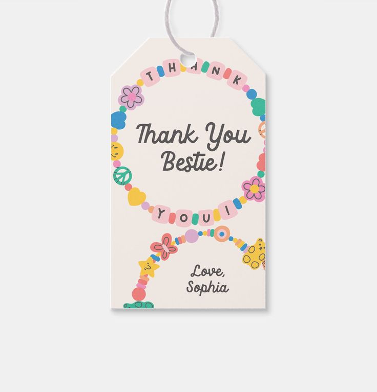 thank you bestie gift tag with flowers and butterflies on it that says, thank you bestie