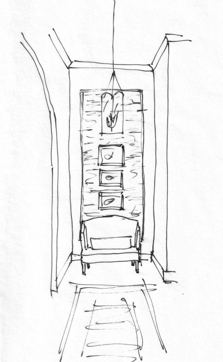 a drawing of a room with an open door