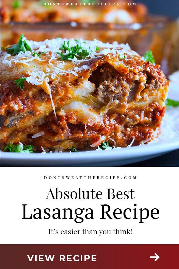 an image of lasagna recipe on a plate with text overlay that reads, absolute best lasagna recipe it's easier than you think