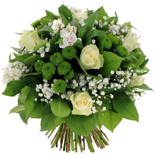 a bouquet of white roses and green leaves