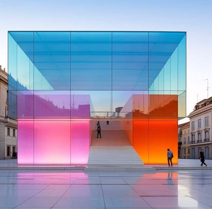 people are walking around in front of a building with colorful glass panels on the side