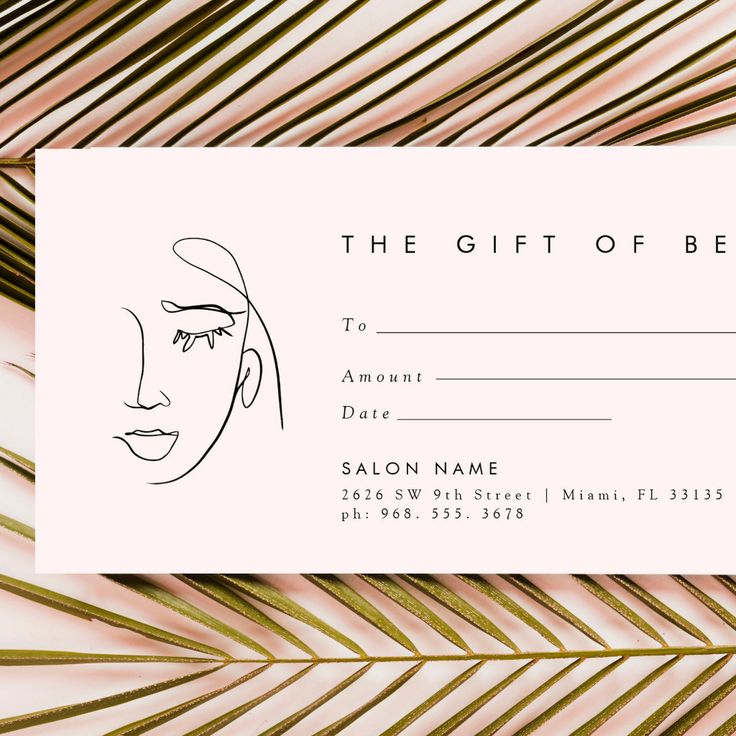 the gift of beauty certificate is displayed on a pink and gold palm leaf pattern background