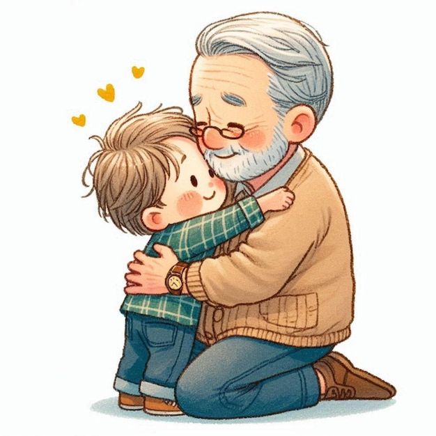 an older man hugging a young boy with hearts coming out of his ears on the forehead