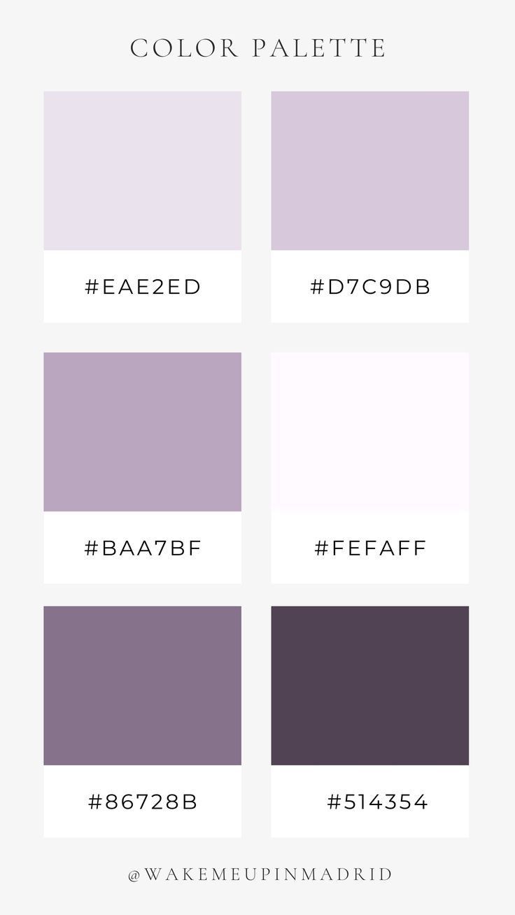 different shades of purple and white with the words color palette on each side, in various font