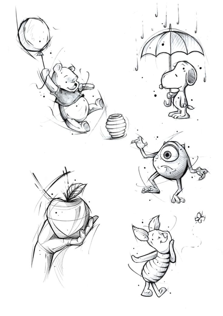 some drawings of different animals and things that are drawn in pencil on paper, including an apple