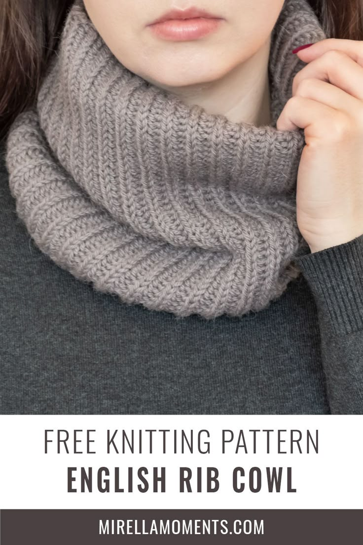 a woman wearing a scarf with the text free knitting pattern english rib cowl