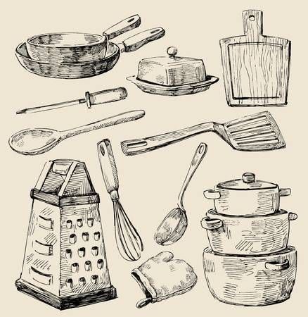 hand drawn kitchen utensils and cookware on white background stock photo - 1307982