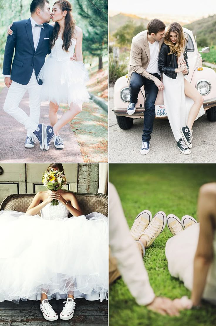 four different pictures of people in wedding outfits and tuxedos, one is kissing the other two are sitting on an old car