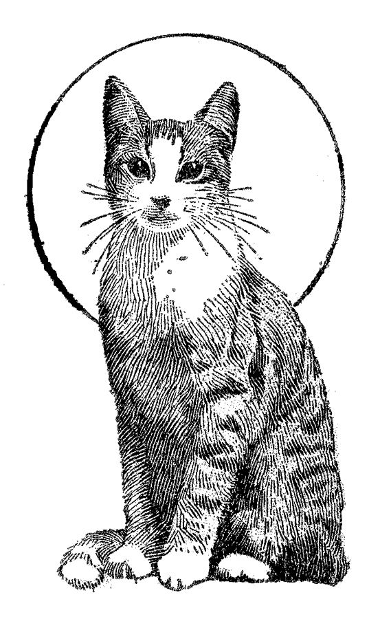 a black and white drawing of a cat with a halo around it's neck