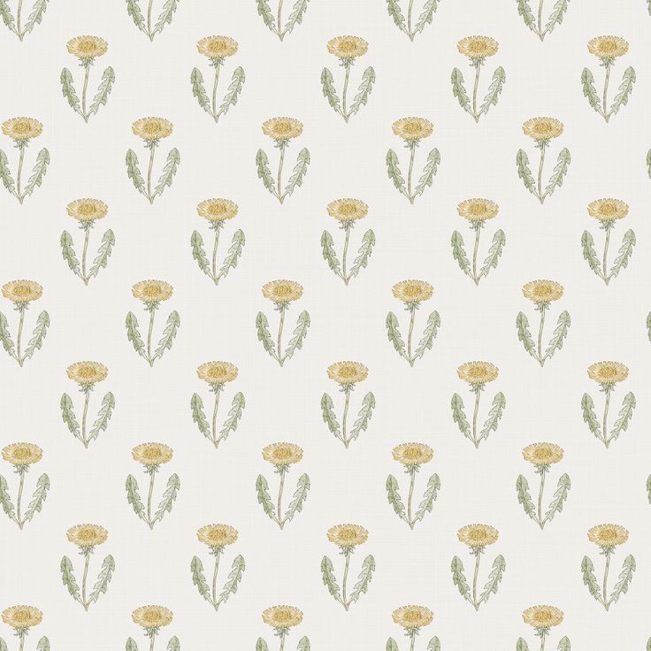 a white wallpaper with yellow flowers and green leaves on the bottom half of it