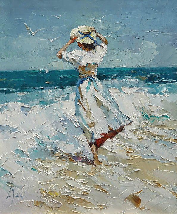 a painting of a woman walking on the beach with her hat in her hand and seagulls flying overhead